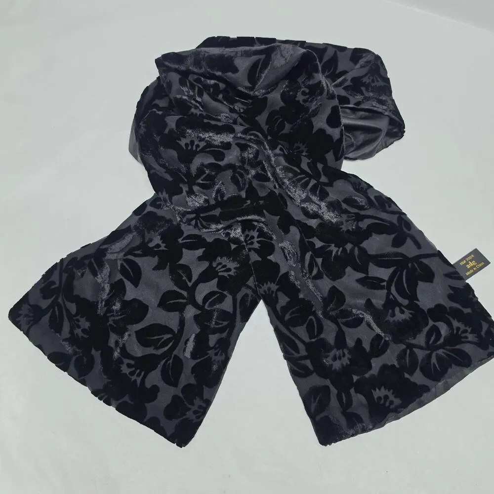 Vintage ADG Black Burnout Velvet Silk Floral Scarf Rectangle 8